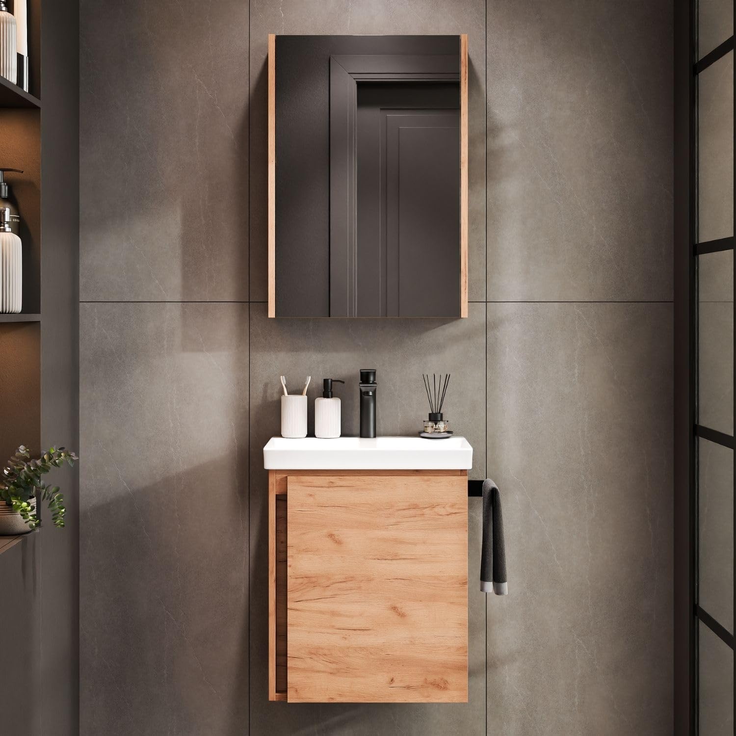 Planetmöbel Lavabo avec Meuble sous Vasque 50 cm, Armoire de Toilette 50 cm Incluse, Ensemble de Meubles de Salle de Bain avec lavabo Suspendu, chêne doré