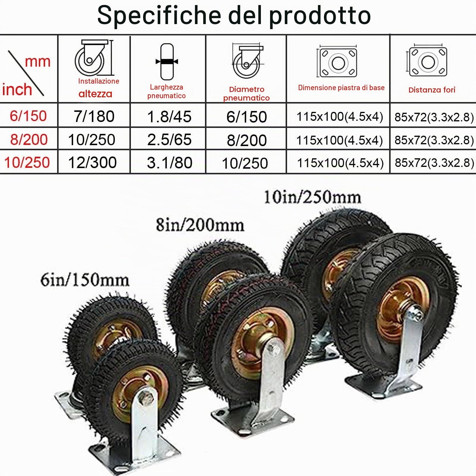 Ruota Gonfiabile ​di Gomma, Rotelle Per Mobili Heavy Duty, 4 X Ruota Orientabile, Girevole A 360°, Fissa Ruote Pneumatiche, Rotelle Industriali In Gomma, Per Carrello E Mobili