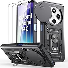 Oududianzi - Case for Xiaomi Redmi 14C / Xiaomi Poco C75 [2 Tempered Glass Protector], with Camera Slide Cover, 360° Rotating Stand and TPU Silicone Protective Case - Black