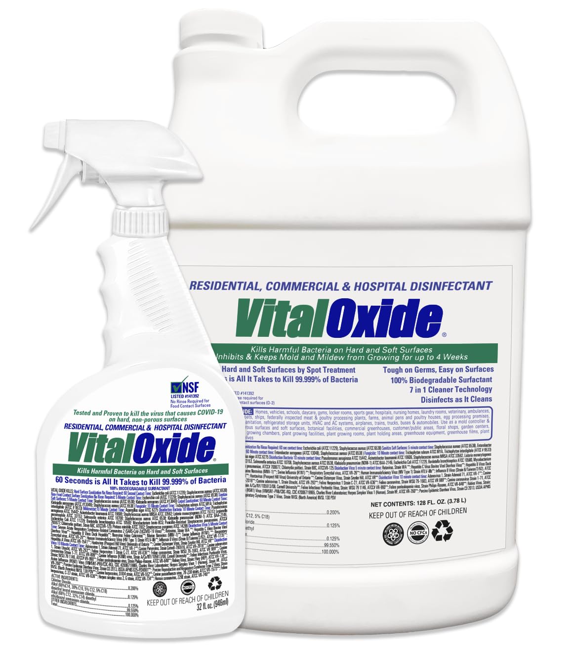 Vital Oxide Disinfectant, Deodorizer, Cleaner, Food-Contact Sanitizer, Virucide – (EPA registration #82972-1) – Kills Mold & Mildew, Eliminates Odors – 1 Gallon + 32oz Spray Bottle