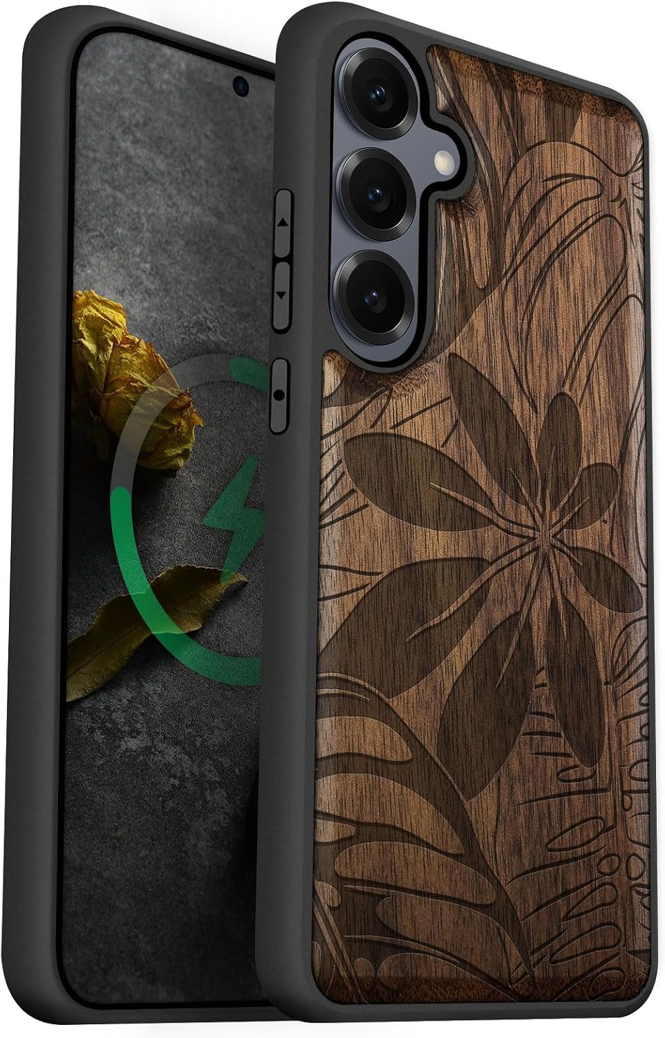Carveit Magnetic Wooden Case for Galaxy S25+ Samsung S25 Plus Case, TPU Shockproof Cover & Wood Engraved, Compatible with MagSafe Wireless Chargers (Fluid Abstract Waves) Rosy