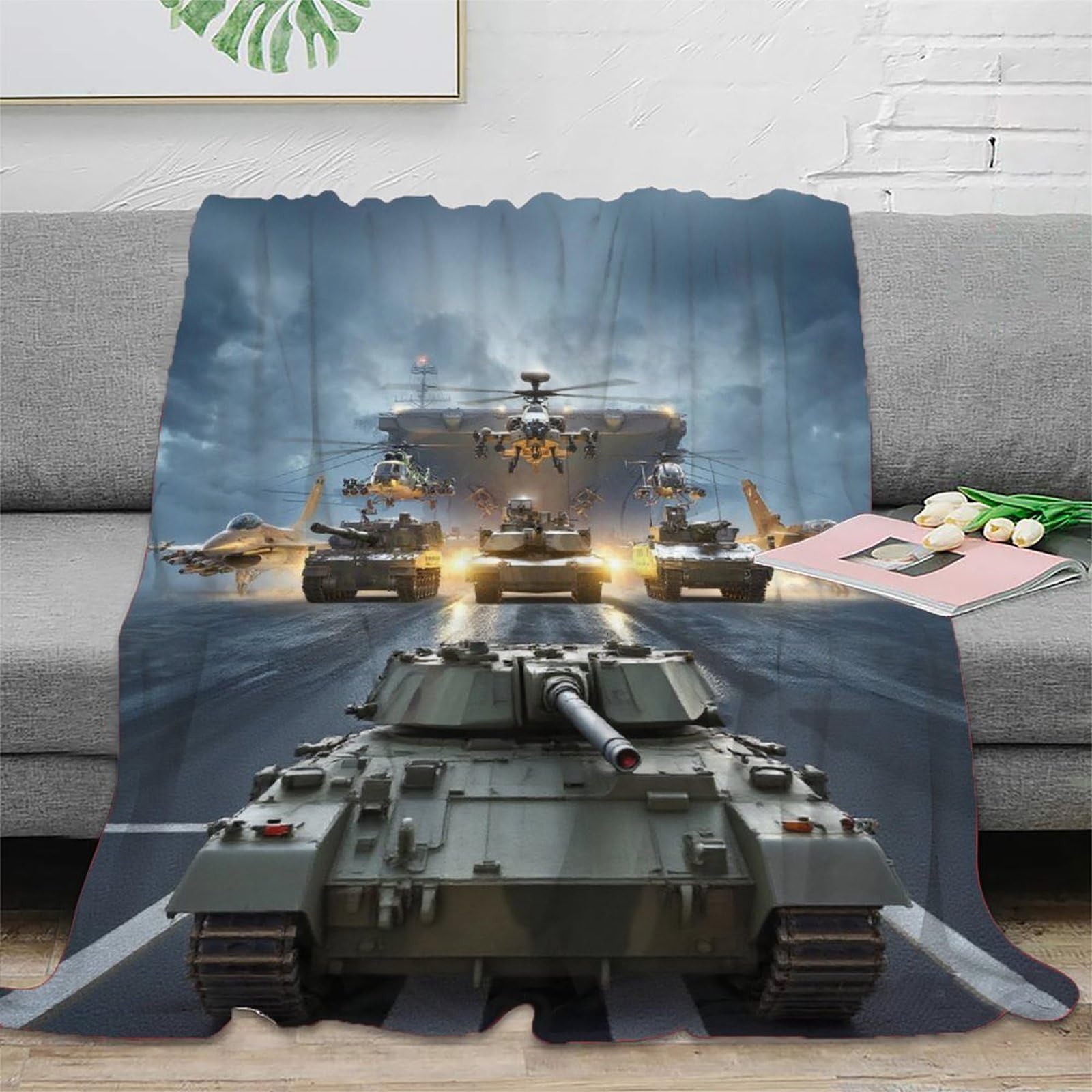 LILIlaobiao Flannel Plush Aircraft Carrier Blanket 40x50inch(100x130cm) for Couch Sofa Super Soft Dual Sided Fuzzy Fluffy Thick Warm Winter Tank Fighter Jet Blanket Suitable for Bedroom Sofa Camping
