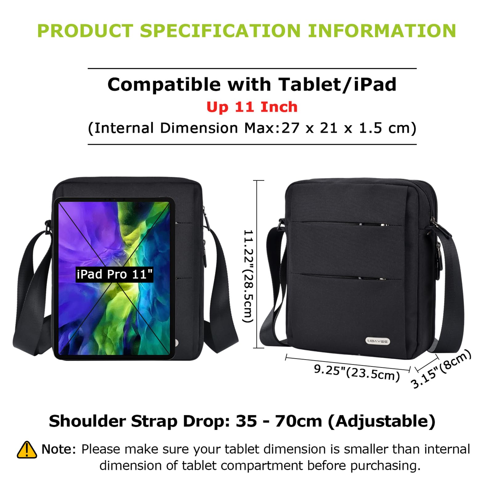 Bolso Hombre Bandolera de Lona con Multibolsillos (Compatible con 11 Pulgadas Tablet iPad Mini, 27 cm), Bolsillo de Bloqueo RFID, Medio, Negro