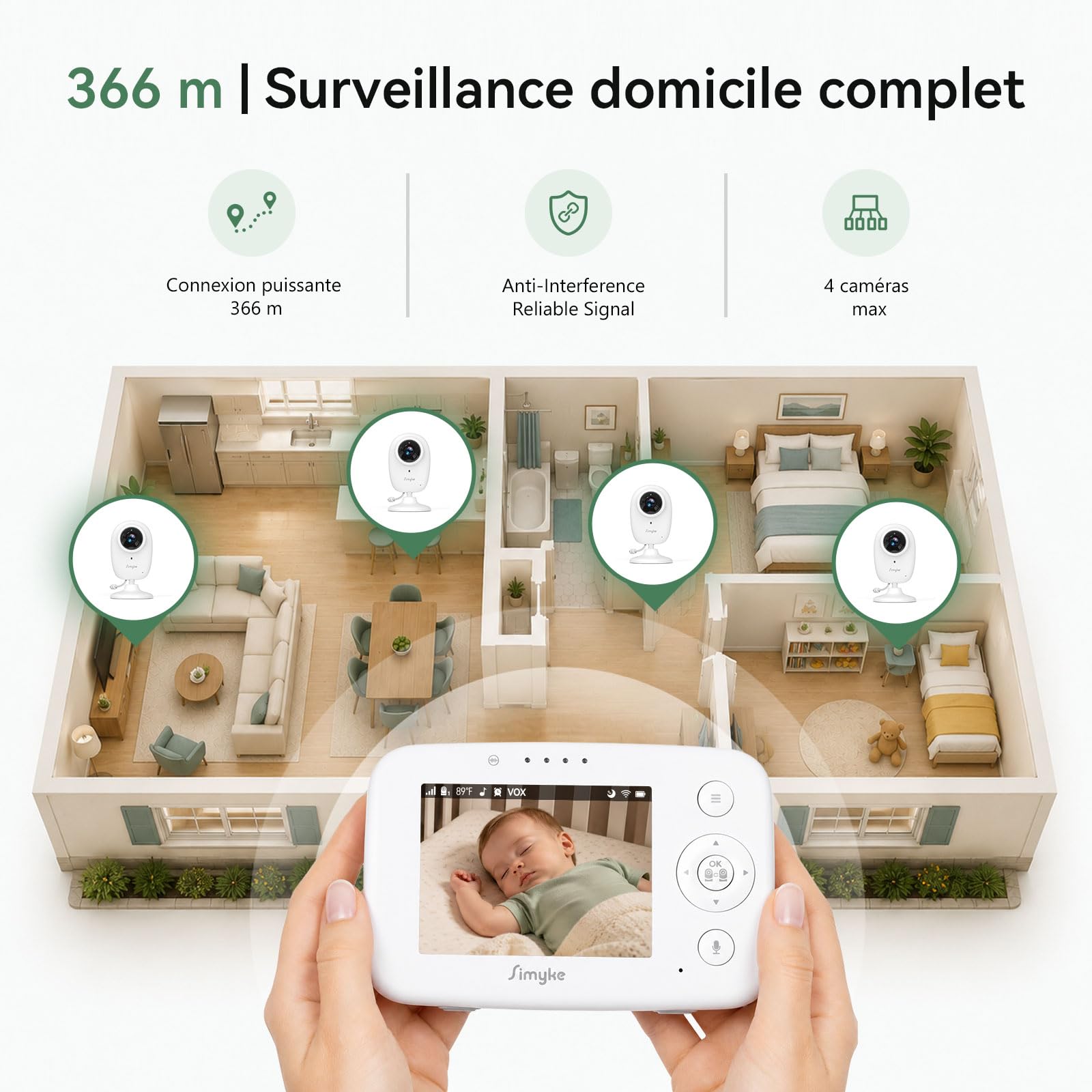 Simyke Babyphone Caméra Bébé Écran 3,5" & Caméra 1080P HD, Connexion WiFi Smartphone & Liaison Hors WiFi, Vision Nocturne, Zoom, VOX 20h Autonomie, Détection Intelligente, Stockage Local & Cloud