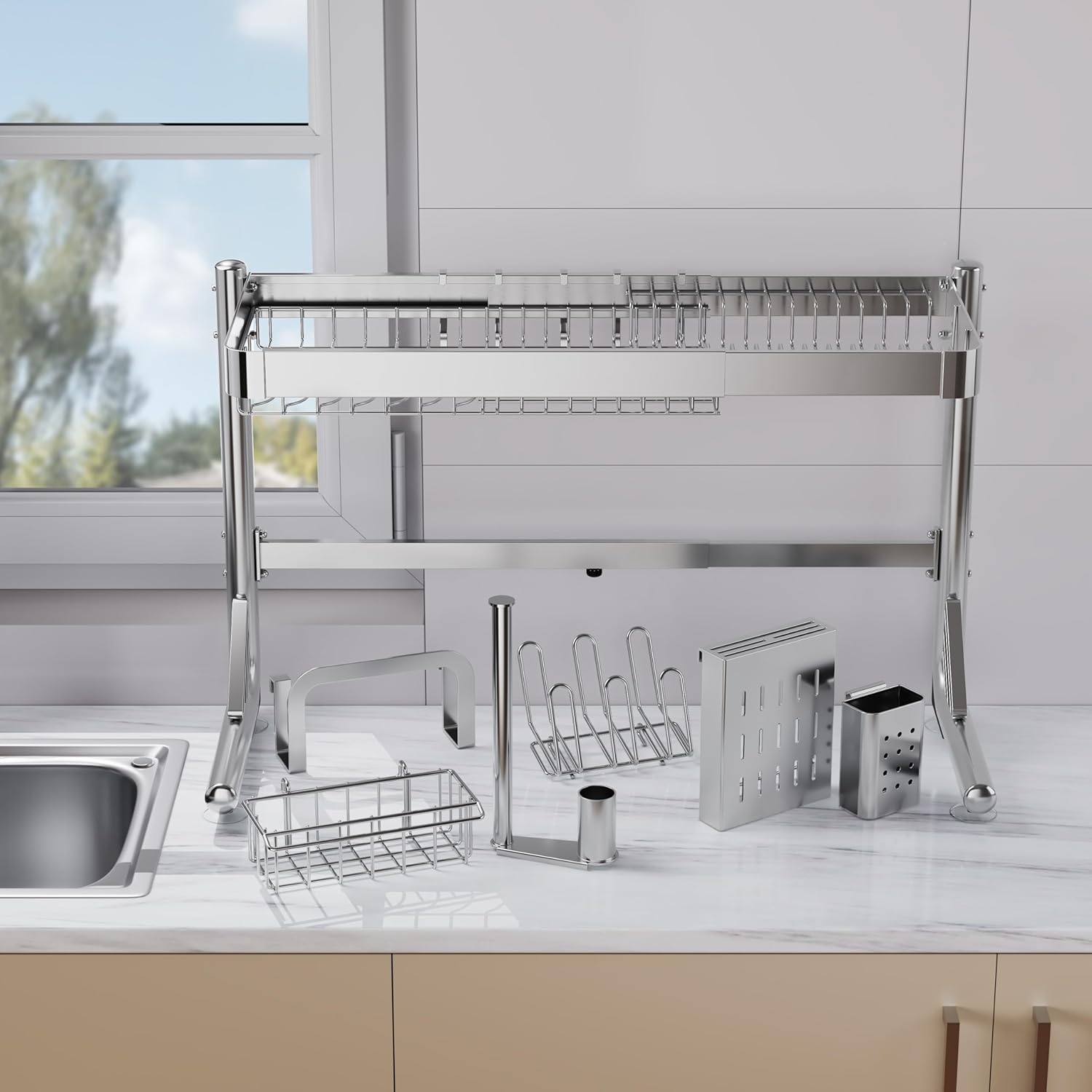 Dish Drying Rack Over Sink - Large Over The Sink Dish Drainer Adjustable Length (24.8'' to 35.43'') Full Stainless Steel Above Sink Storage Rack Multifunctional Organizer Shelf in Kitchen Counter