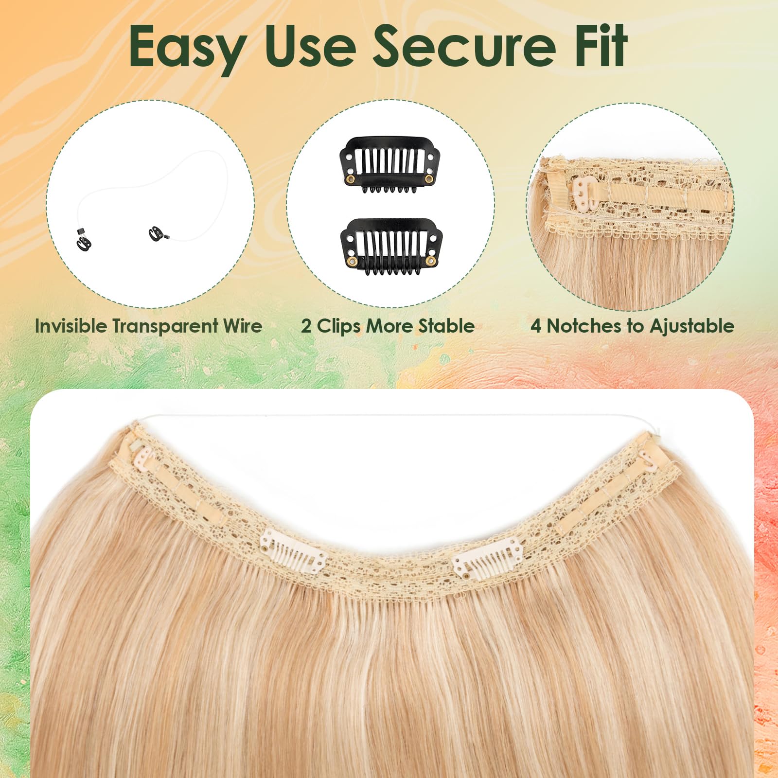 Benehair #18P613 Ash Blonde Mix Bleach Blonde Clip in Hair Extension on Wire 100% Remy Real Human Invisible Secret Wire Hair Extensions Straight 14 Inches (60g) - Image 3