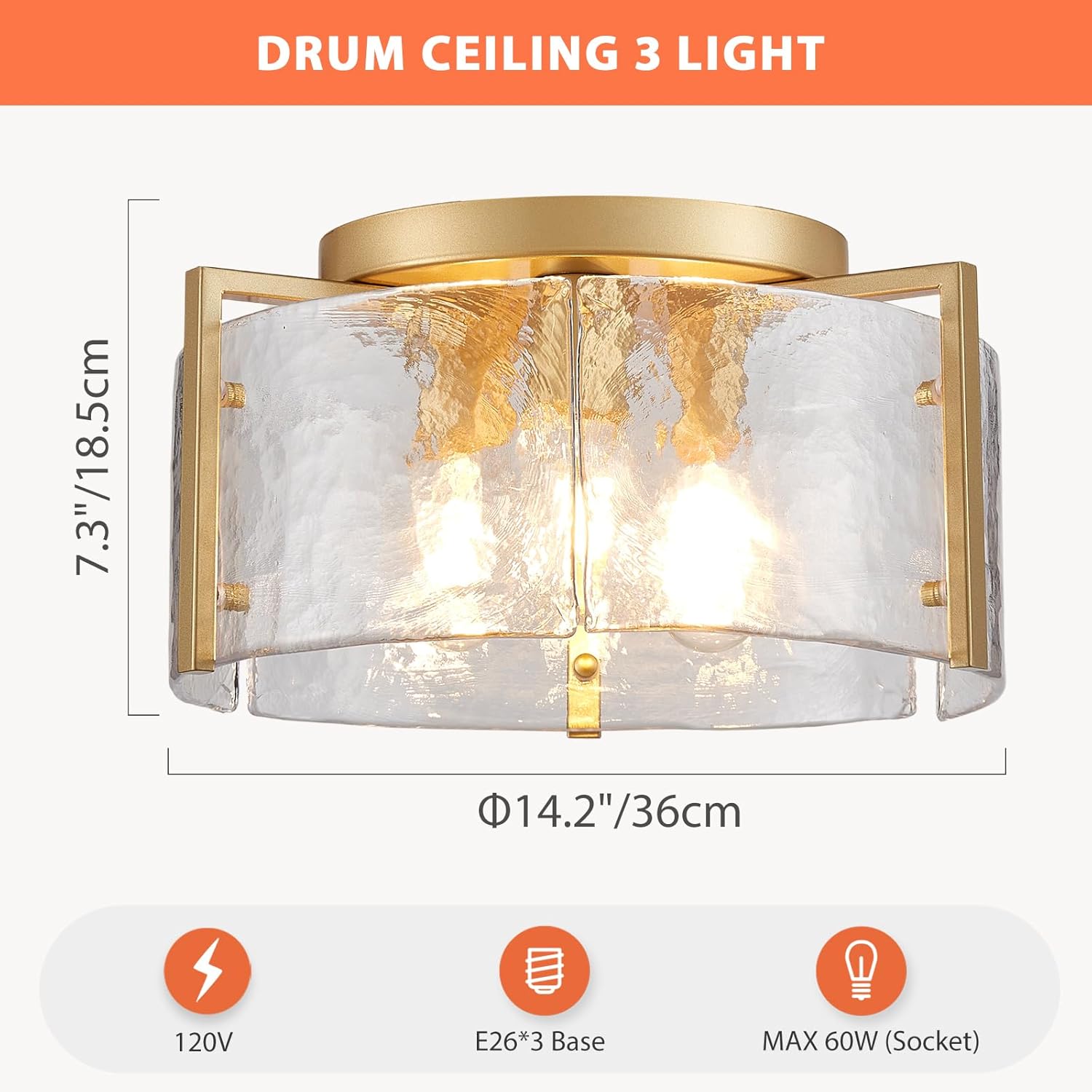 Modern Gold Ceiling Light Fixture 14.2" Drum 3-Light Farmhouse Water Ripple Glass Chandelier for Bedroom Dining Room Hallway Entryway Closet