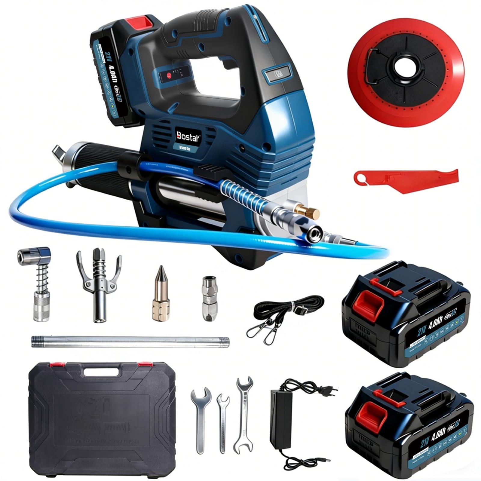 Bostar Pistola de Engrase 12000 PSI Eléctrica Bomba de Engrase a Batería con 2 Baterías 4.0Ah(Compatible Makita 18V), Motor Sin Escobillas, Manguera 1m y Adaptador para Maquinaria Agrícola y Camiones