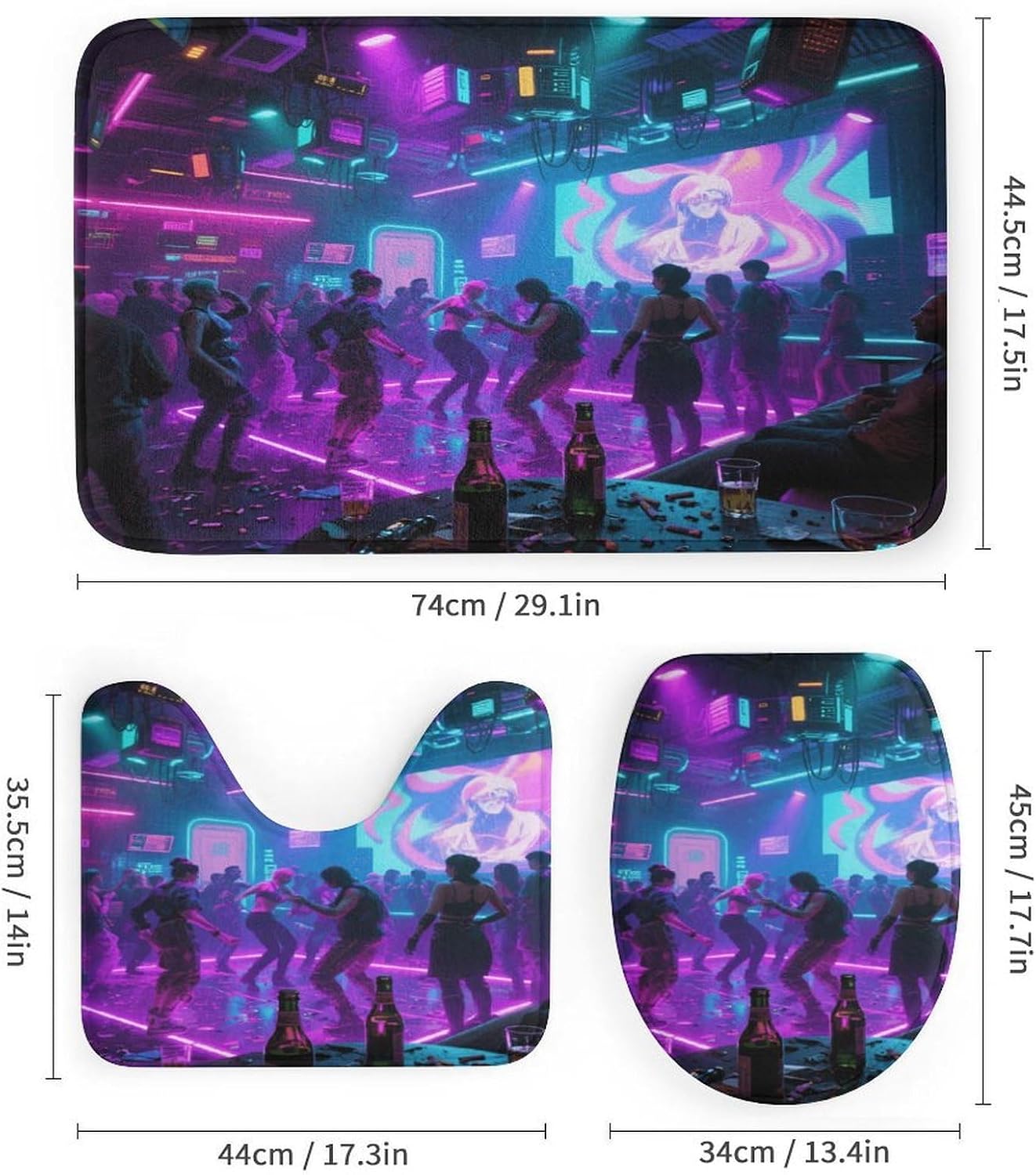 Cyber ​​Bar Light and Shadow Bath Rug Set 4 Piece,Bathroom Accessories Set-Toilet Rugs U Shaped,Toilet Lid Cover,Shower Curtain and Rugs,Ultra Soft, Absorbent,Home Decor