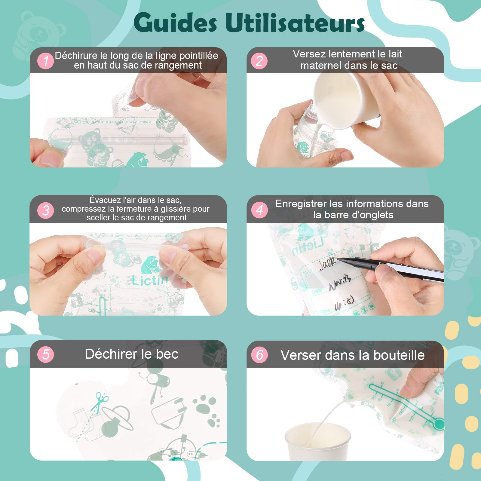 Lictin Conservation Lait Maternel 120Pcs - 240ML Sachet Conservation Lait Maternelle Pré-stérilisés, Épaissir Double Fermeture Glissière Sachet Lait Maternel, Bec Verseur Intégré
