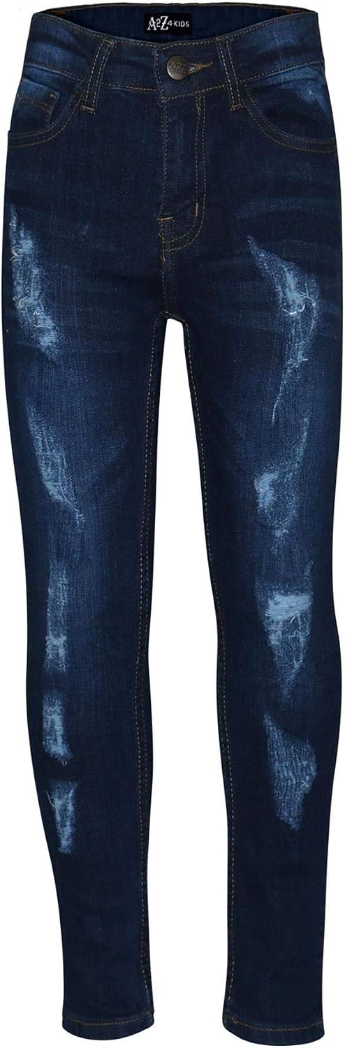 Boys Stretchy Jeans Kids Ripped Dark Blue Denim Skinny Pants Trousers 5-13 Years