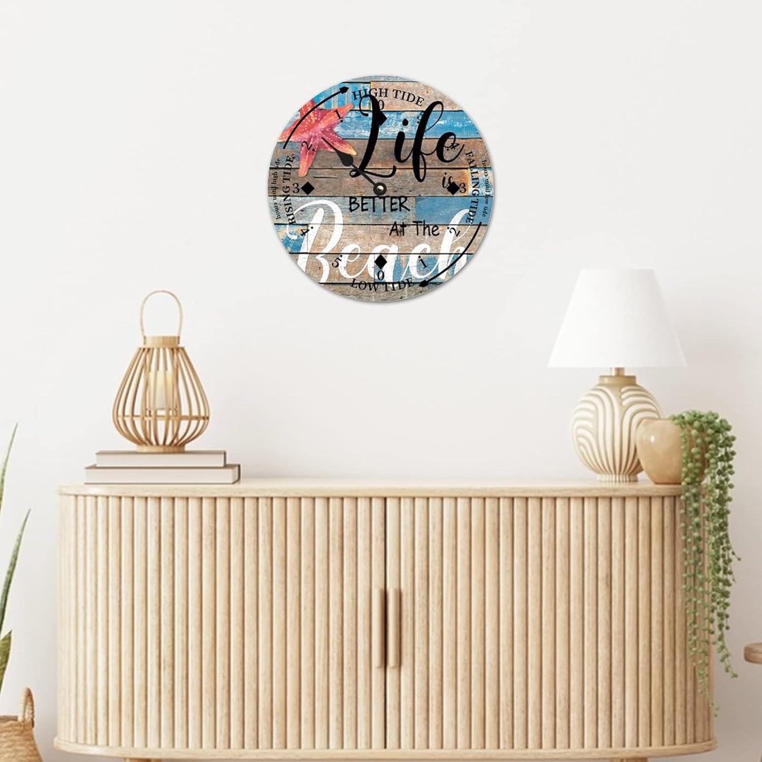 Starfish Life is Better at The Beach Wood Tidal Clock Ocean Time Coastal High Tide Low Tide Clock Rustic Wooden Nautical Tide Movement Vintage Decor for Beach House Kitchen Wall Art 15 Inch