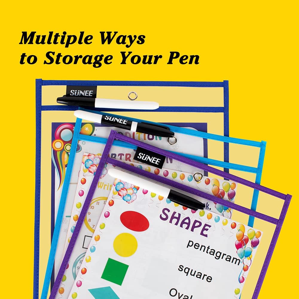 SUNEE 30 Packs Oversized Reusable Dry Erase Pocket Sleeves with 2 Rings, 10 Assorted Colors 10x14 Ticket Holders, Clear Plastic Sheet Protectors, Teacher School Classroom Supplies : Office Products