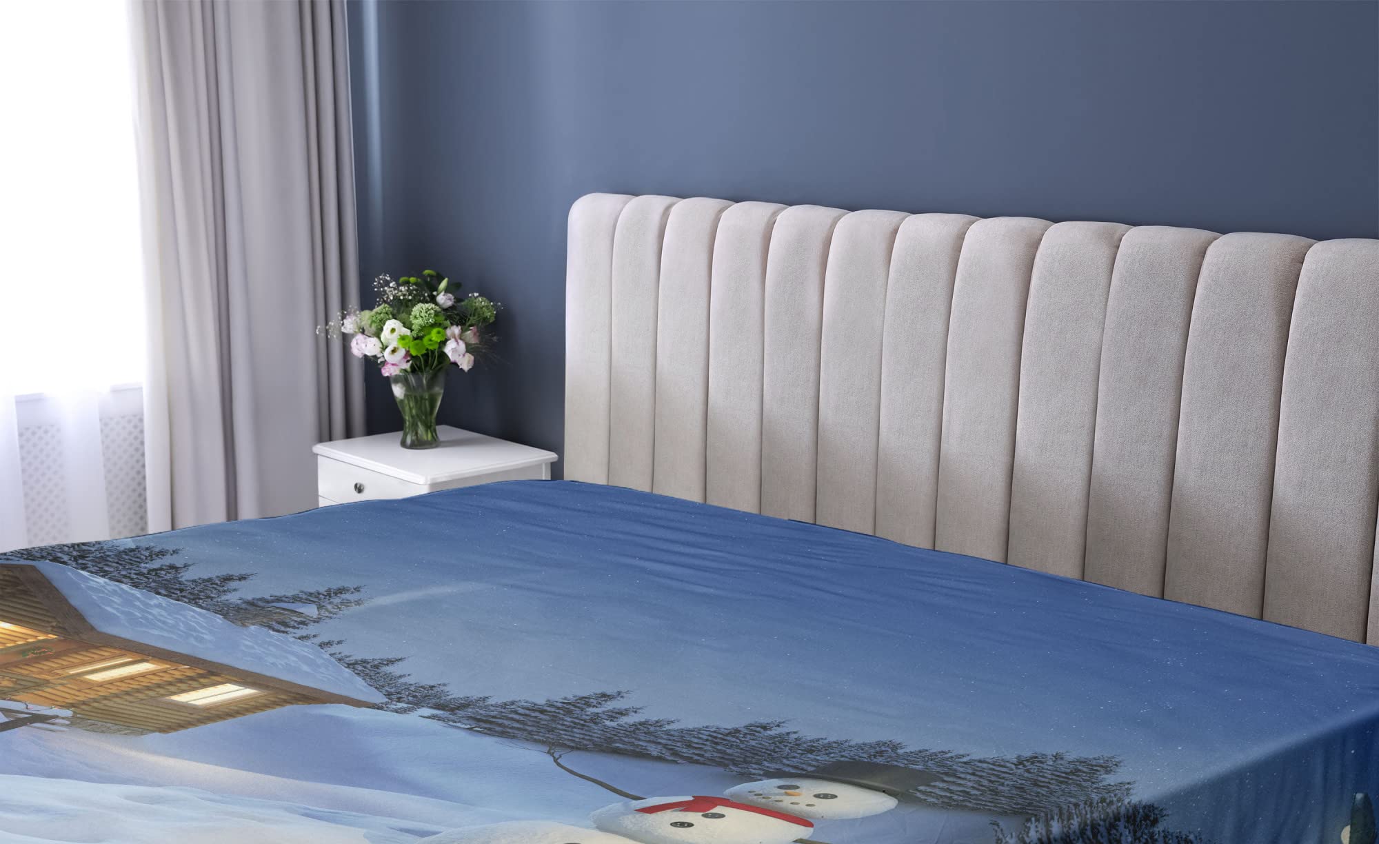 Ambesonne Christmas Fitted Sheet, Wooden Rustic Log Cottage Scenery in The Winter Season Warm Moonlight, Soft Decorative Fabric Bedding All-Round Elastic Pocket, Full Size, Sky Blue