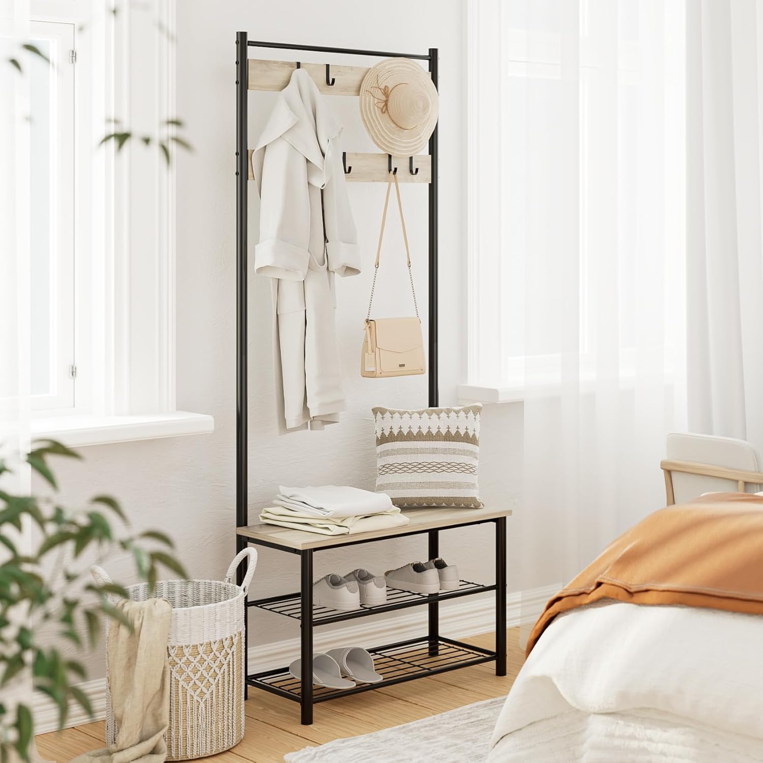 Hall Tree with Bench and Shoe Storage, 3-in-1 Coat Rack, Freestanding Wooden Coat Rack with Shoe Bench with Metal Frame, 3-Tier Storage Shelf and 9 Removable Hooks, Greige