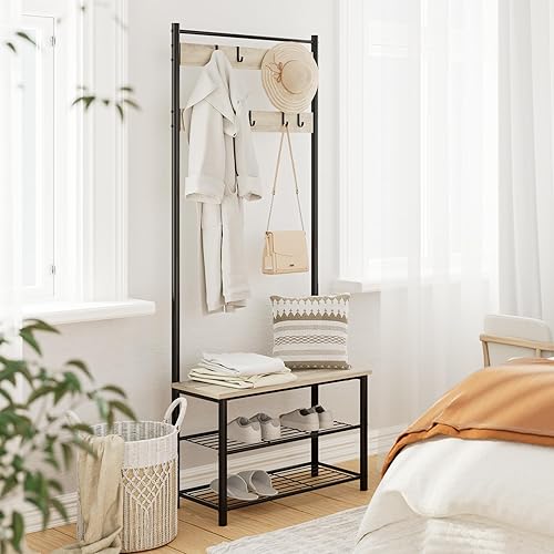 Miniatura 11 de Hall Tree con banco y almacenamiento de zapatos, perchero 3 en 1, perchero de madera independiente con marco de metal, estante de almacenamiento de