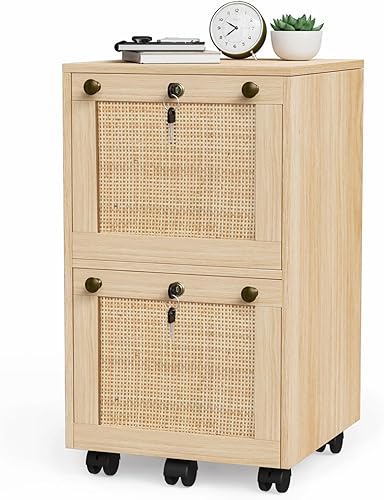 Miniatura 9 de VINGLI Archivador pequeño de 2 cajones con cerradura, archivador de madera para colgar archivos de tamaño carta con pestañas, archivador móvil