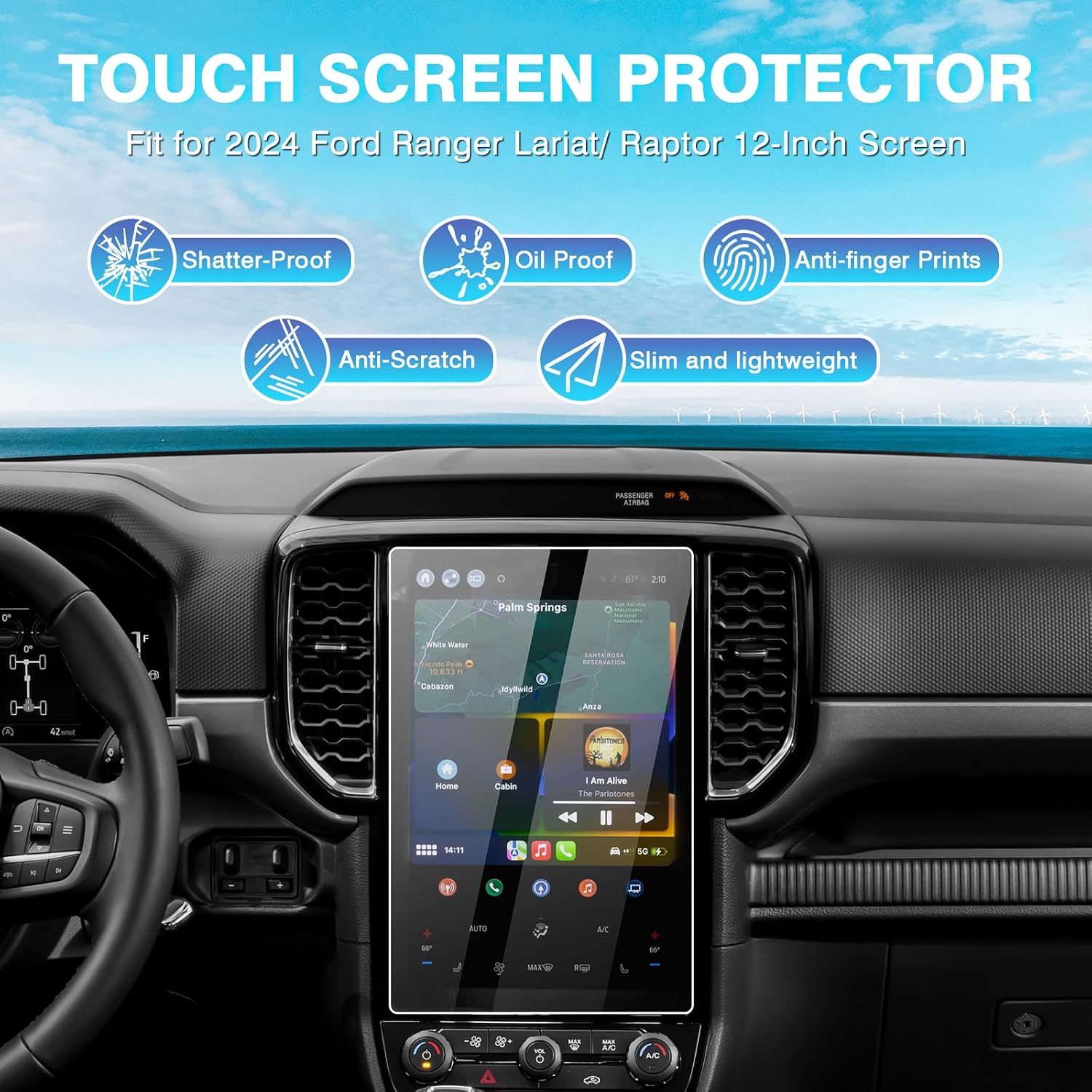 Karltys [Upgrade 2 Pack Screen Protector for 2024 2025 2026 Ford Ranger (XLT Optional/LARIAT/Raptor) 12-Inch [No Glare & Fingerprint] for Touchscreen Navigation Protective Film Tempered Glass