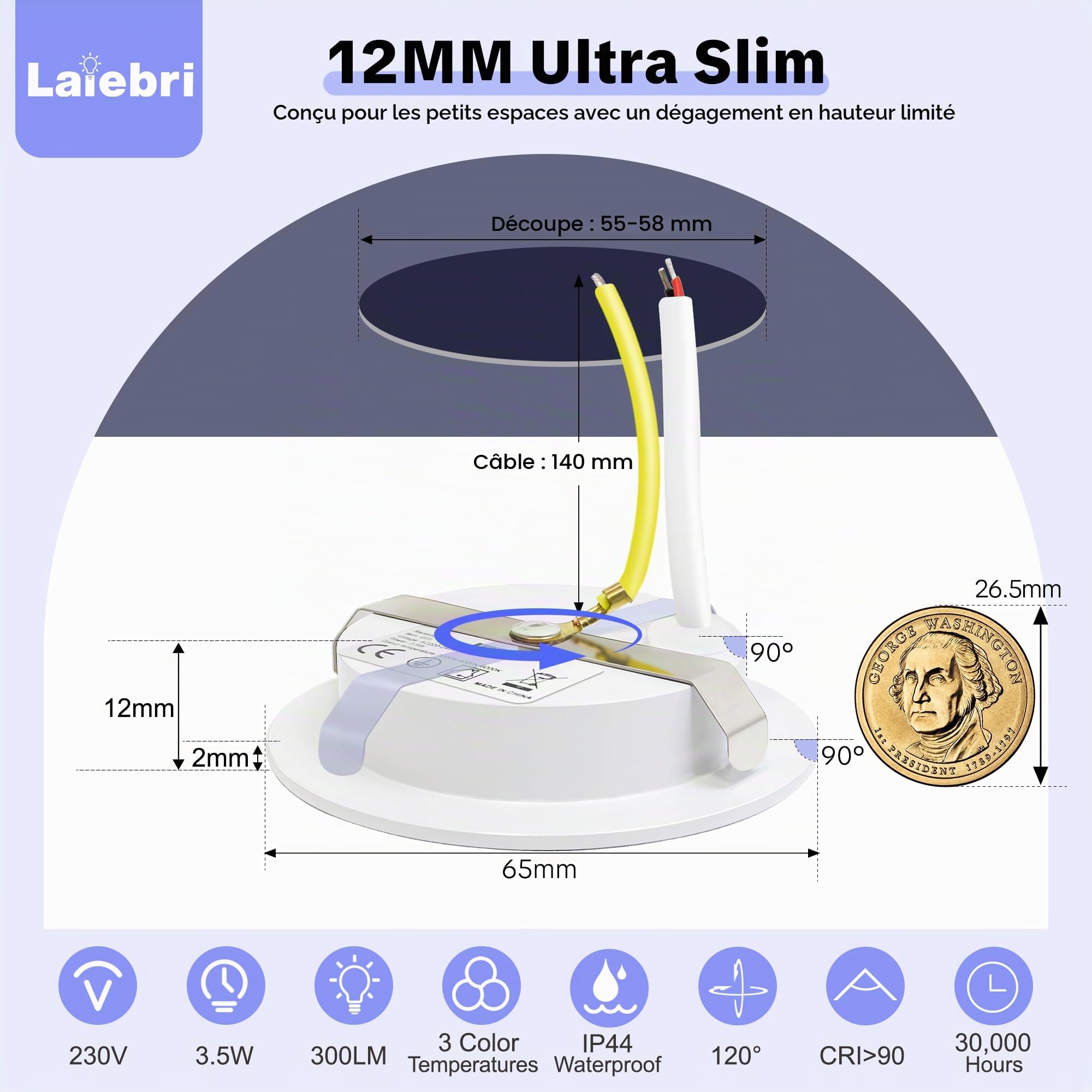 Set de 6 Spot LED Encastrable 230V, 3.5W Alu Spots de Plafond 3000K, 4000K, 6000K, 300LM LED Encastrable Plafond Trou 55-58mm et 12mm Extra Plat, IP44 Spot Salle de Bain, Blanc