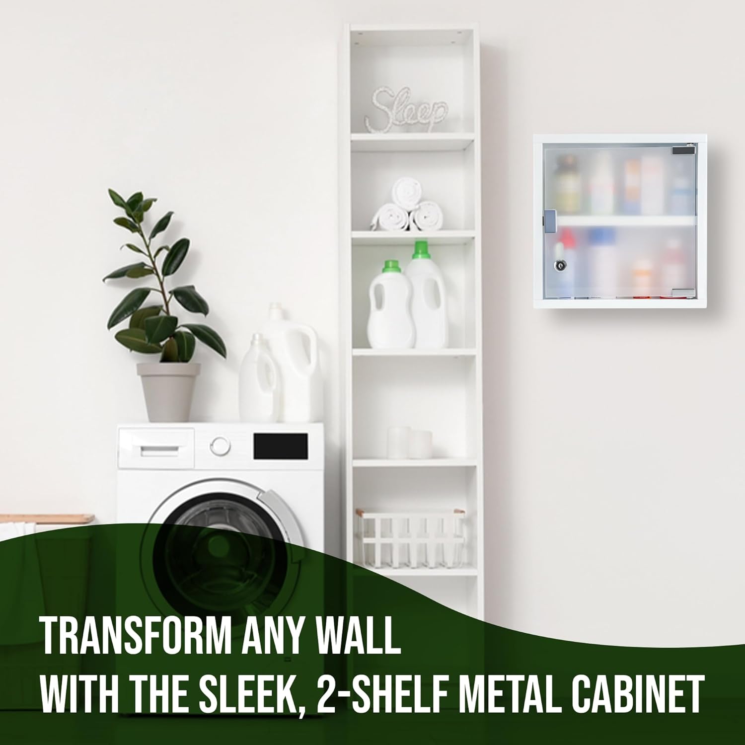 Small Locking Medicine Cabinet with Frosted Glass Door, Metal First Aid Cabinet Wall Mount, 2-Shelf Locked Medicine Cabinet in White, Child-Proof Lock, Mount Hardware Included