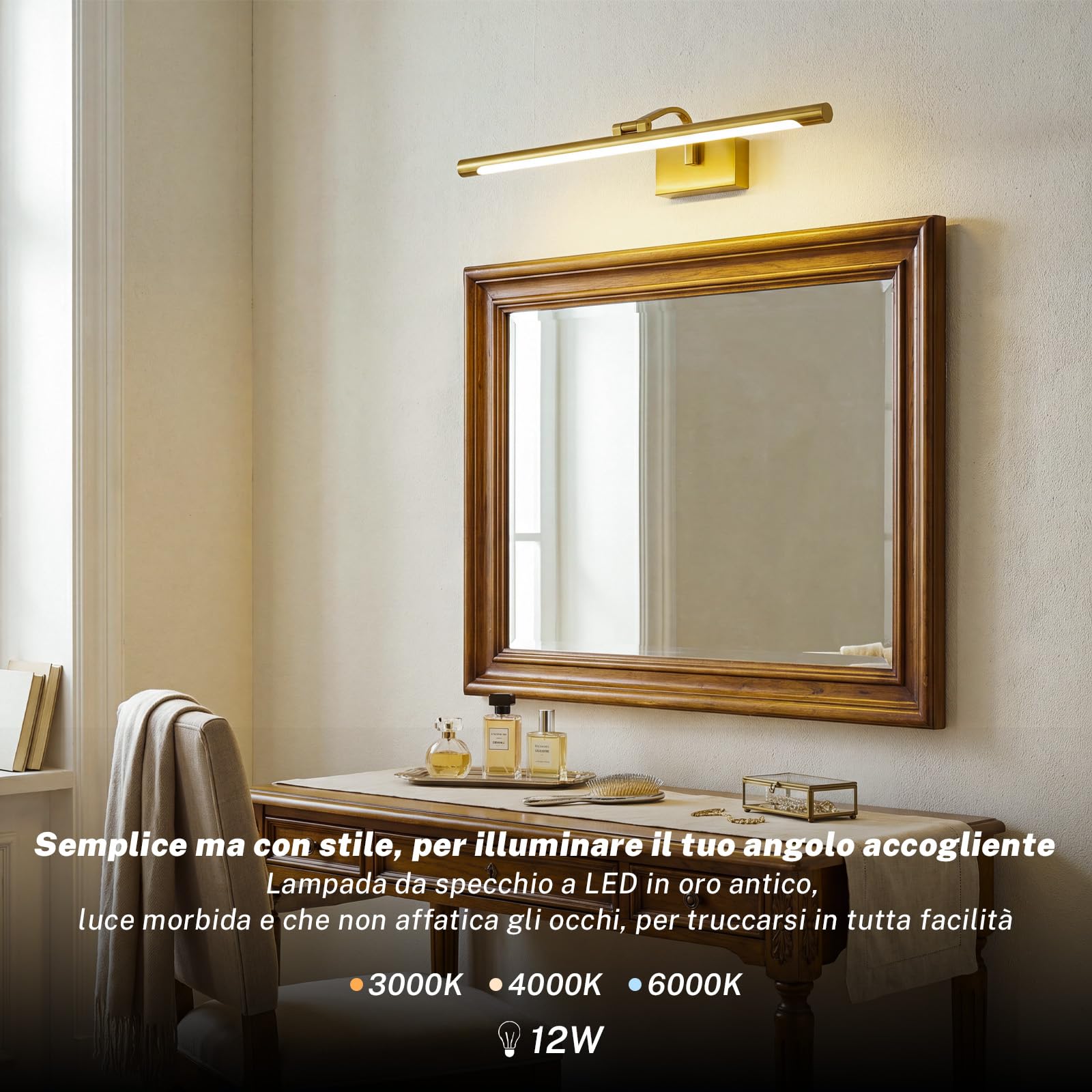 LED Luce per Specchio da Bagno Lampada per Specchio da Bagno, 3 Temperature di Colore Applique da Parete sopra lo Specchio, 60cm 12W IP44 630 Lumen, Oro Moderna Illuminazione Specchio Parete Lampada