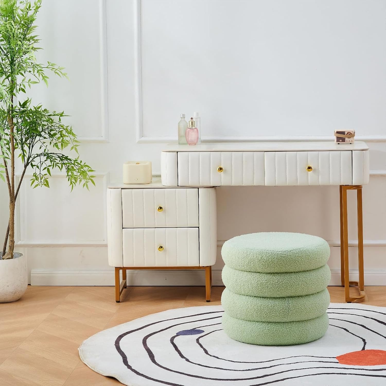 Wimarsbon Round Storage Ottoman, Modern Sherpa Footstool, Teddy Vanity Stool with Flip-Top Tray, Makeup Chair for Home Decor, Upholstered Footrest for Living Room & Bedroom (Green)