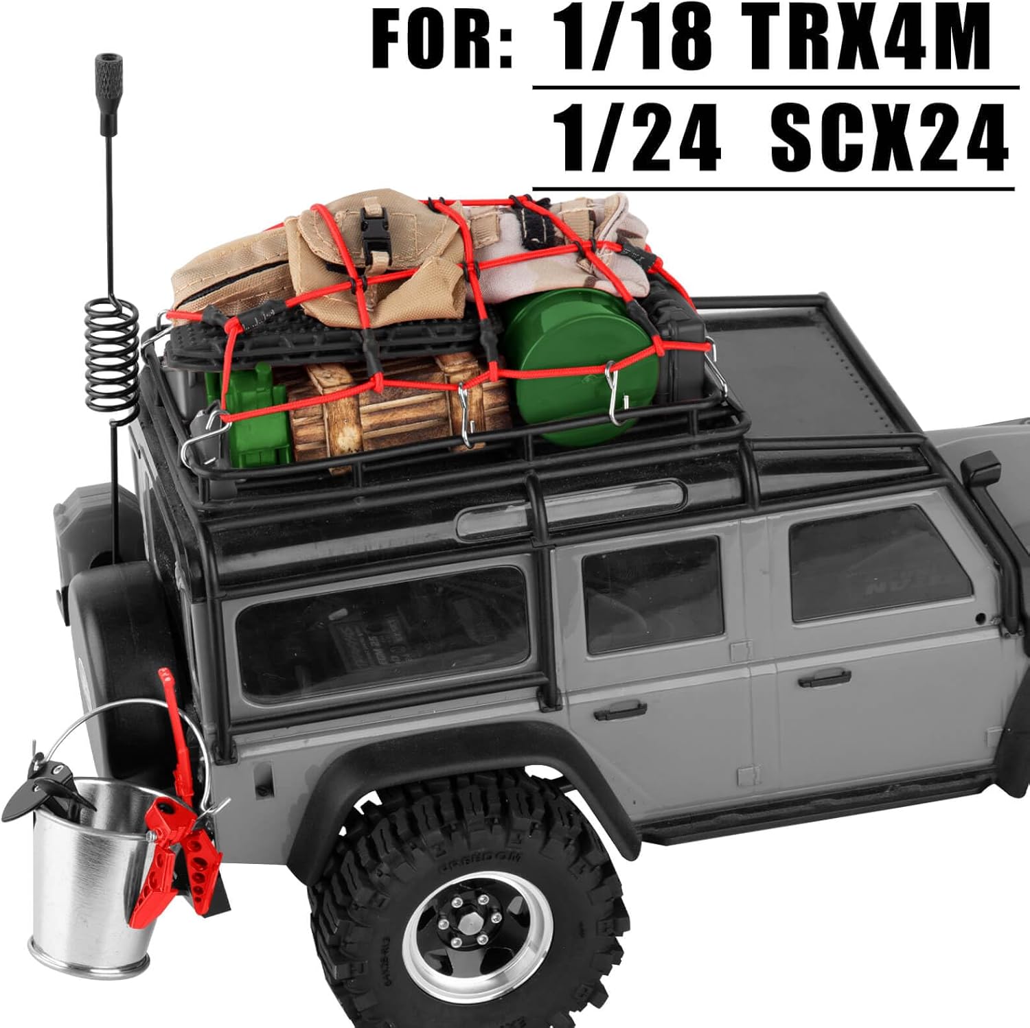 for 1/18 1/24 TRX4M K10 SCX24 FCX24 K5 AX24,Oil Drum/Tow Rope/Recovery Board/Wooden Box/Antennas/Fire ExtinguisherNet/Toolbox/Wood Box/Luggage Net/Simulation Decorative Package/Shovel,Black