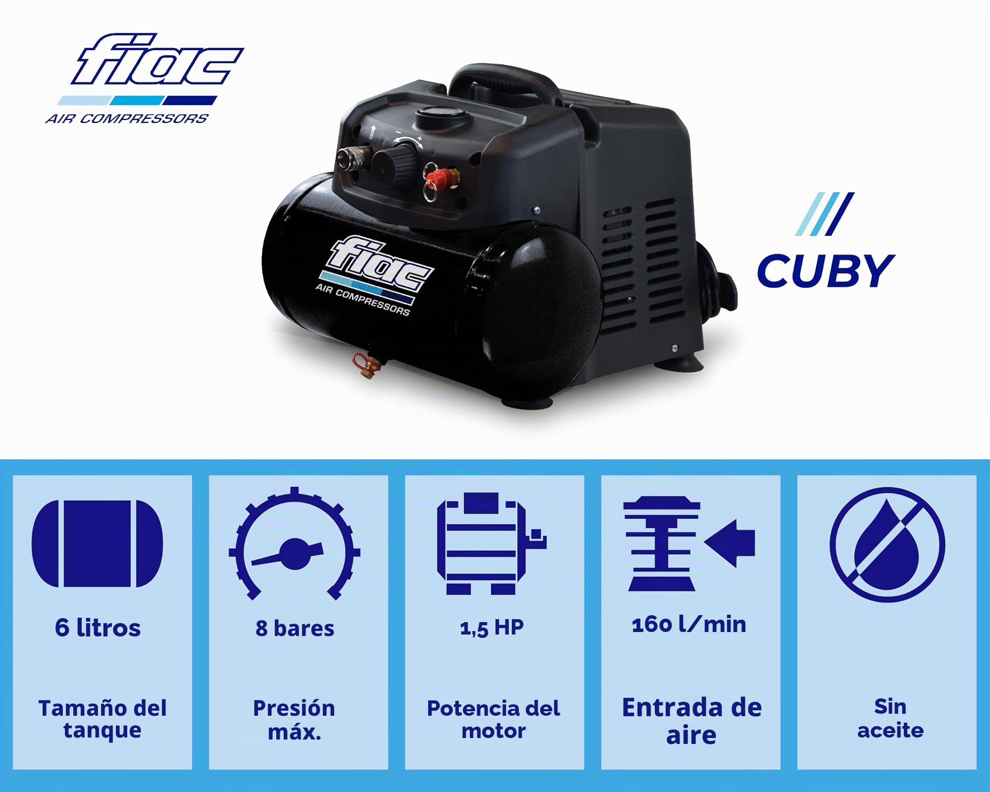 FIAC Compresor de Aire Portátil CUBY, Sin Aceite, Presión Máxima 8 Bar, 1.5 Hp, Tanque 6 Litros, Nivel sonoro 97 dB