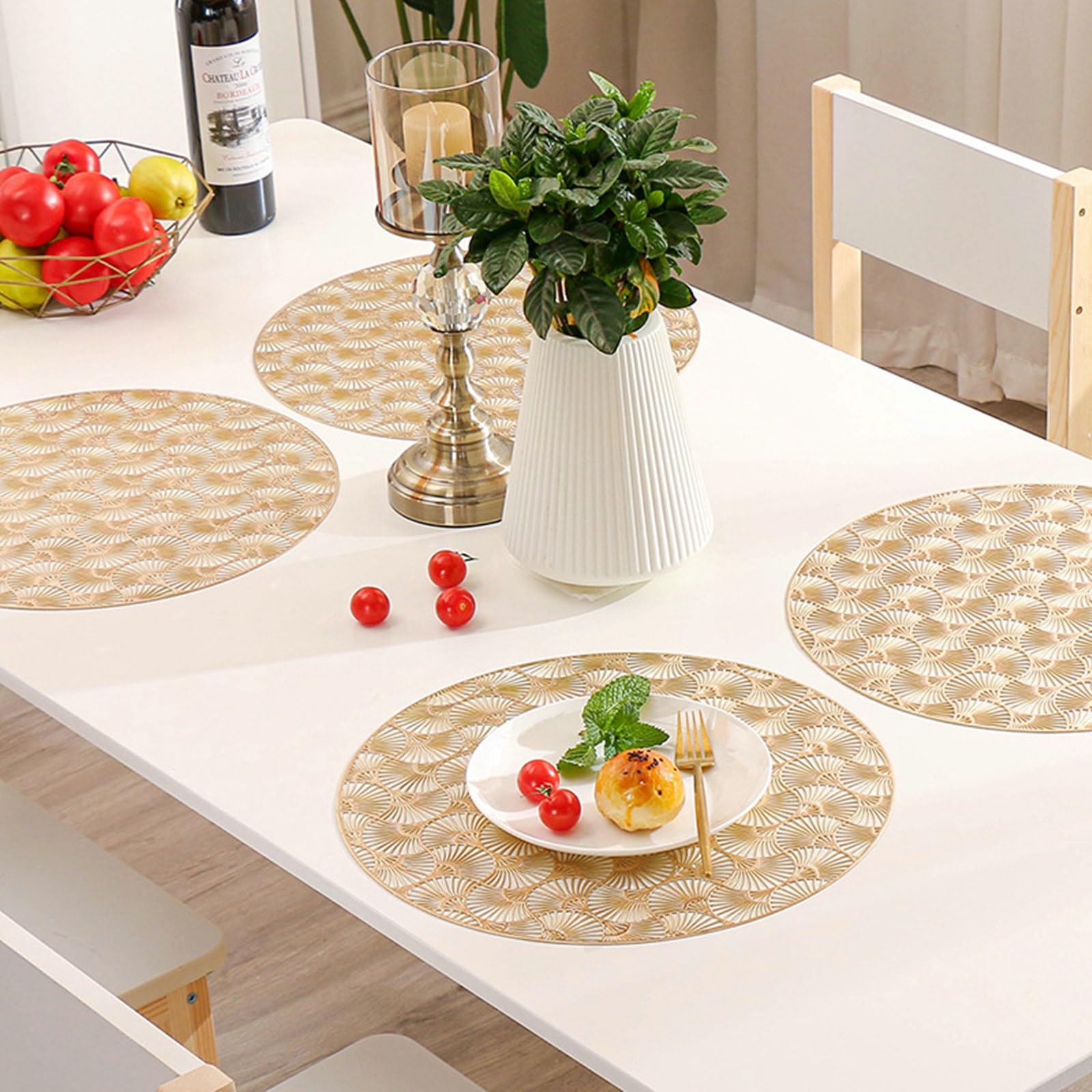 Lot de 8 Sets de Table, Set de Table Lavable PVC Rond avec Motif de Feuille de Ginkgo Creux Antidérapant Résistant à l'usure à la Chaleur, Or, 38CM