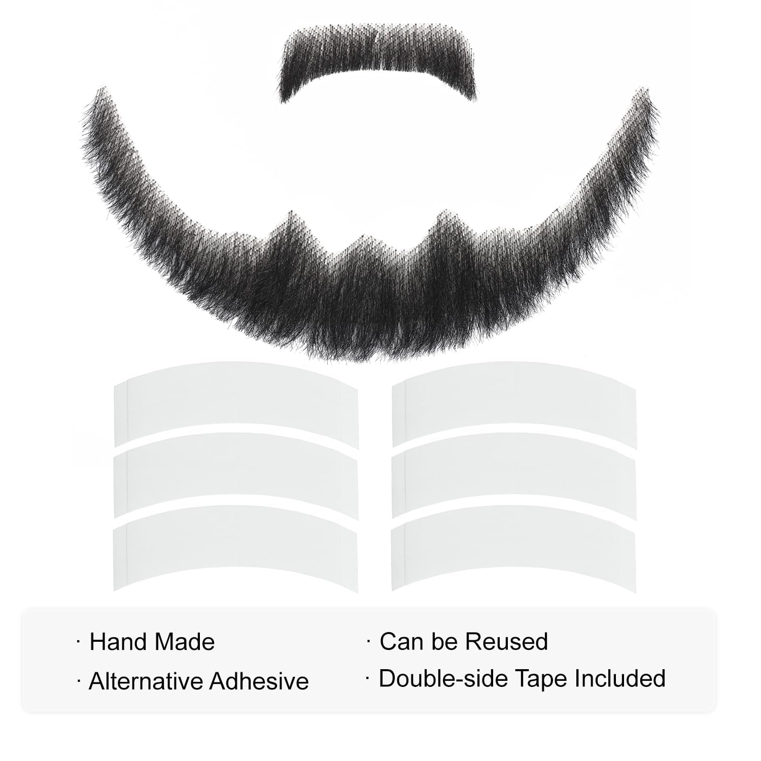 Parceria Fake Mustache, Comfortable and Skin Friendly Human Hair Fake Beard, Realistic Costume Facial Hair for Men Theatrical, Funny Cosplay, Drama, Party, Movie (LS Black Beard)