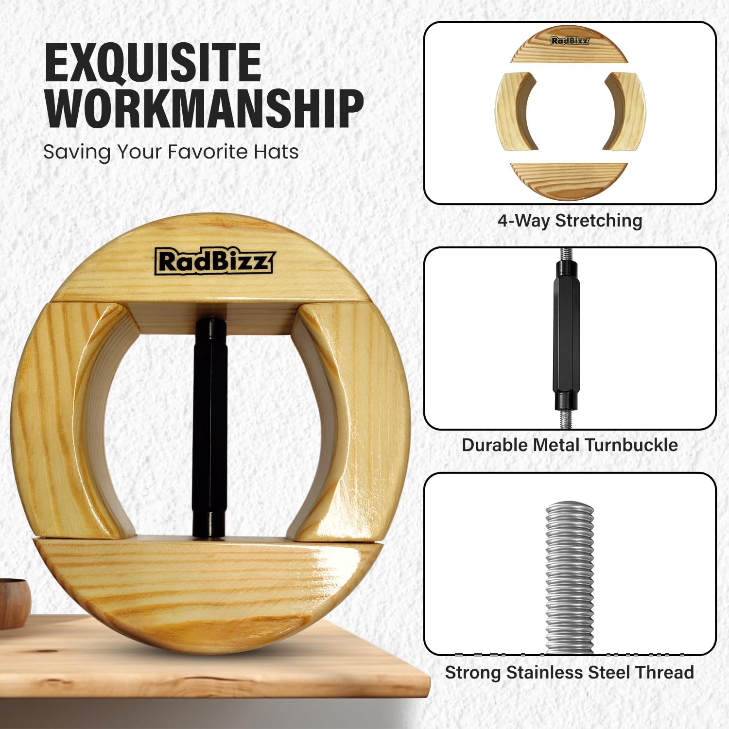 RadBizz 4-Way Hat Stretcher - Premium Cap Stretcher with 4 Way Function - for Use with Cowboy Hats, Baseball Caps, Fitted, Straw, Felt, Fedora, and More - Image 5