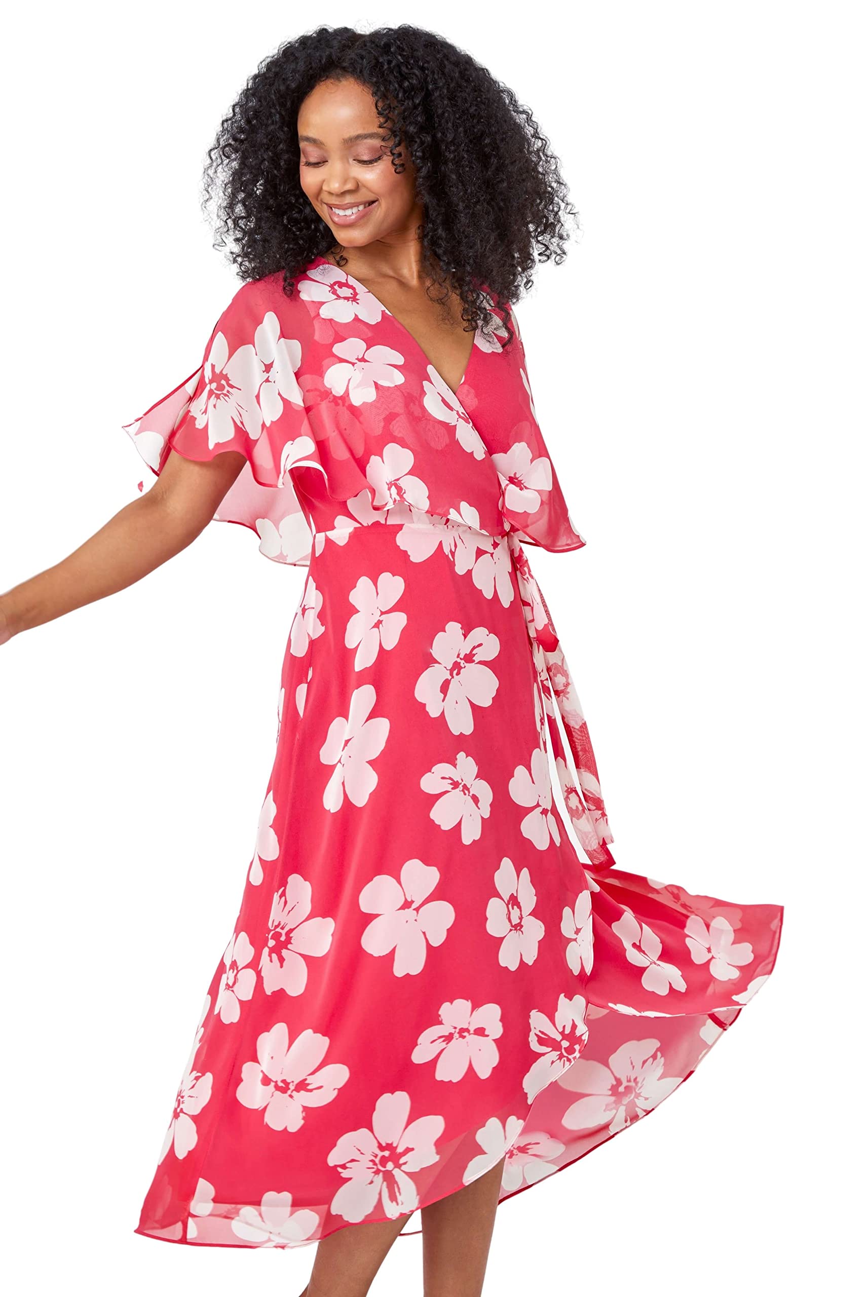 Roman Women's Coral Petite Floral Print Chiffon Cape Dress In | Size: 14