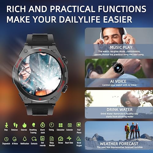 Vista 3 de Military Smart Watch, 1.52-Inch Smartwatch with Text and Call, 24/7 Heart Rate Sleep Monitor, Blood Oxygen, and Activity Trackers - Compatible with
