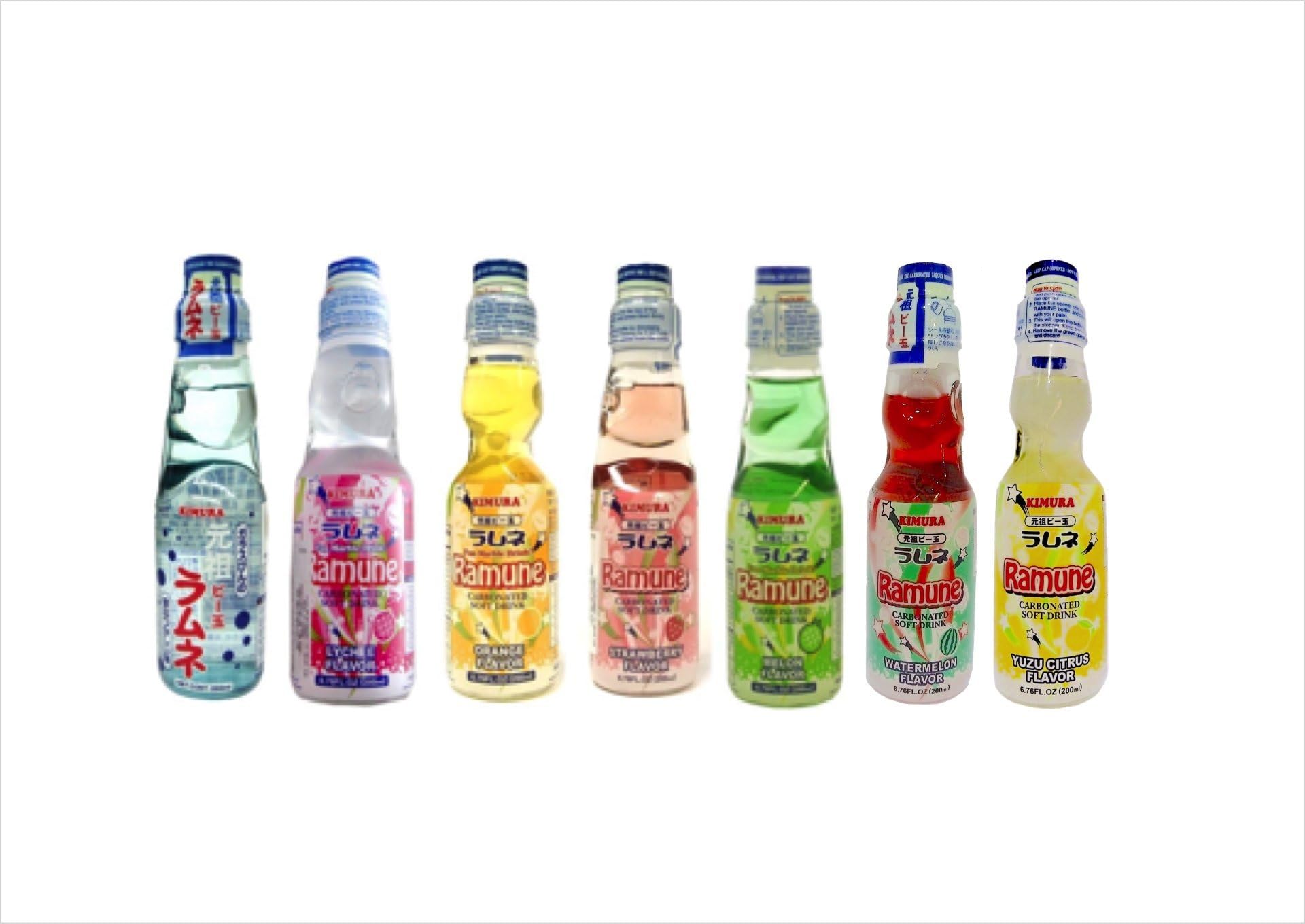 Japanese Ramune 200ml Set of 7 Flavours Original | Melon | Strawberry | Lychee | Orange | Watermelon | Yuzu ラムネ 7種セット オリジナル｜メロン｜ストロベリー｜ライチ｜オレンジ | すいか | ゆず