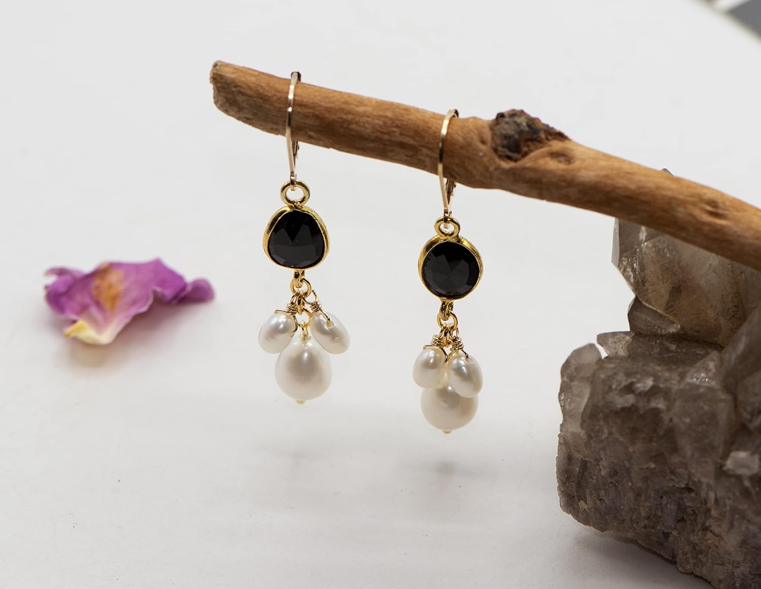 LTC Designs 14k Gold-Filled Leverback Earrings made with Black Spinel Bezel and (3.5-4mm) White Cultured Freshwater Potato Pearl Drops for Women, Men, and Friends