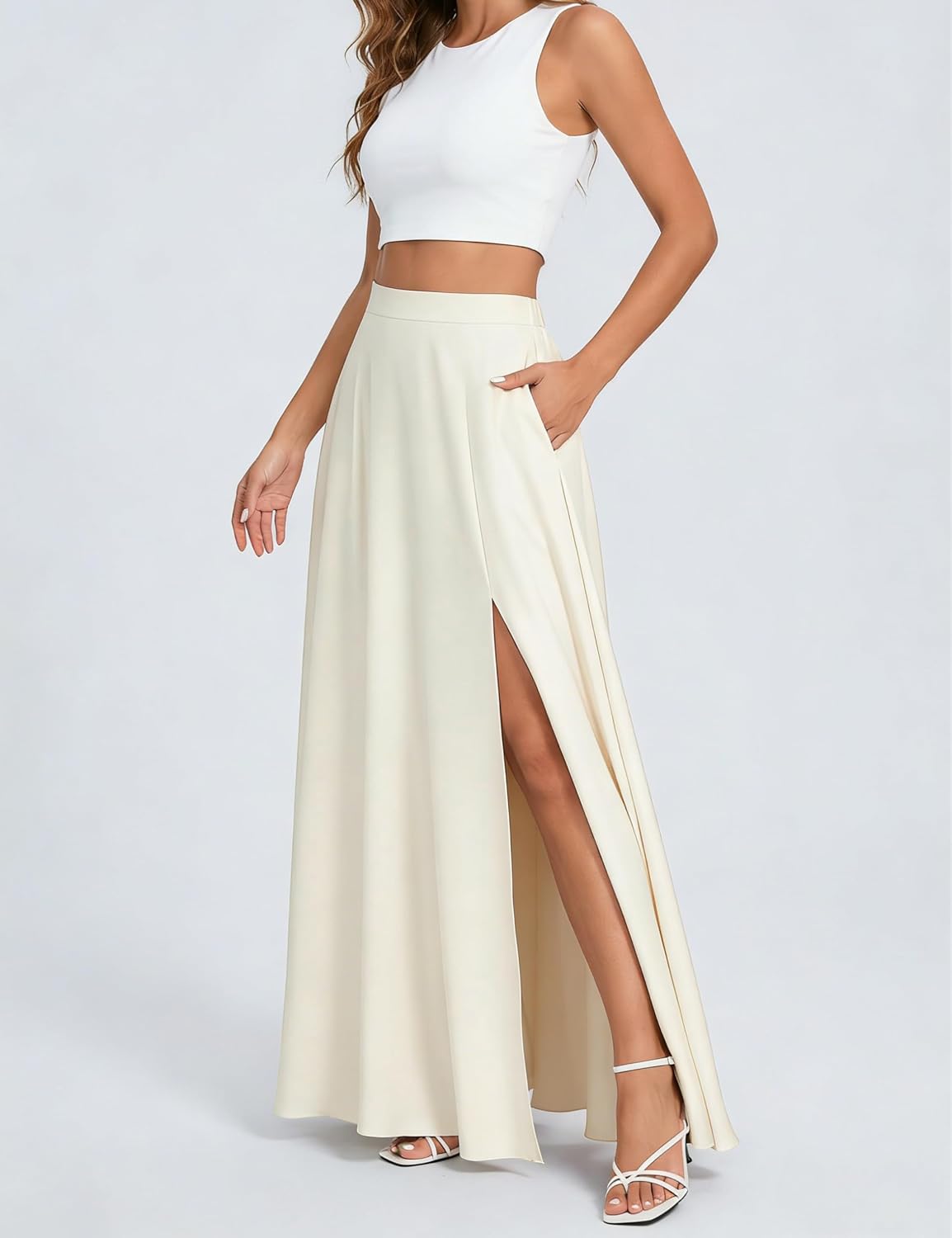 MAKABO Maxi Satin Skirts for Womens High-Waisted Side Slit with Pockets A-Line Long Skirts for Casual Daily Party