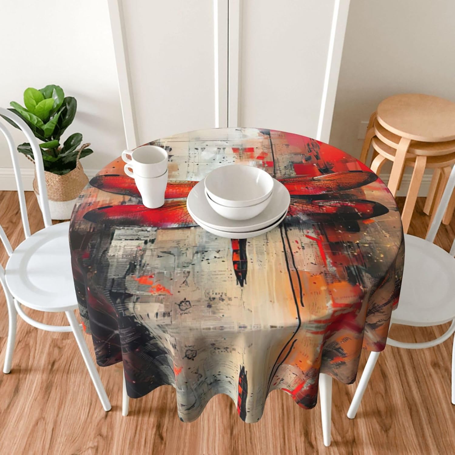 Abstract Red Dragonfly Print Wrinkle Free Dining Table Cover for Birthday Party Farmhouse Tablecloths Up to 60 x 60 Inches