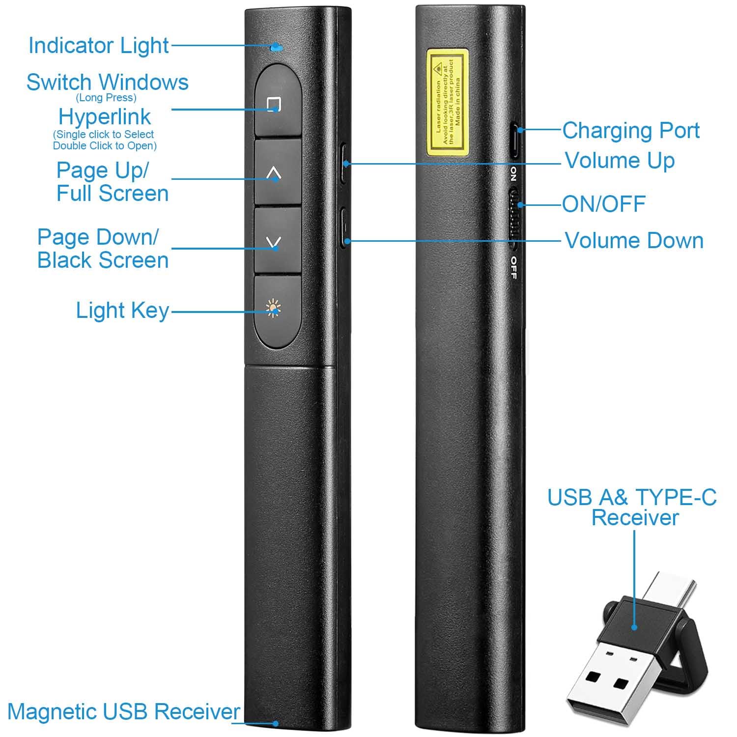 Télécommande PowerPoint Rechargeable USB/Type-C 2 en 1 Pointeur Présentation Sans Fil PPT Zapette