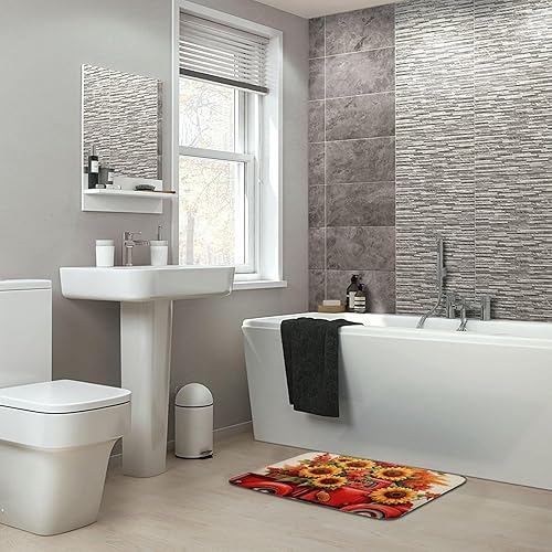 Miniatura 7 de Tapetes de baño de camiones rojos, girasoles y hojas de arce, tapete de puerta de Acción de Gracias o Halloween, tapete de ducha antideslizante de