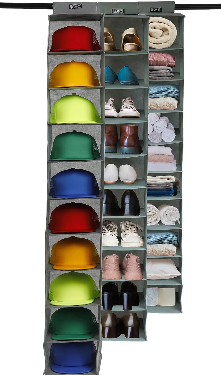 Boxy Concepts 10 Shelf Hanging Closet Organizer - Hat Rack with Dust Shield for Baseball Caps, Towels, Shoes, Toys, Laundry Room, and Bedroom Clothes