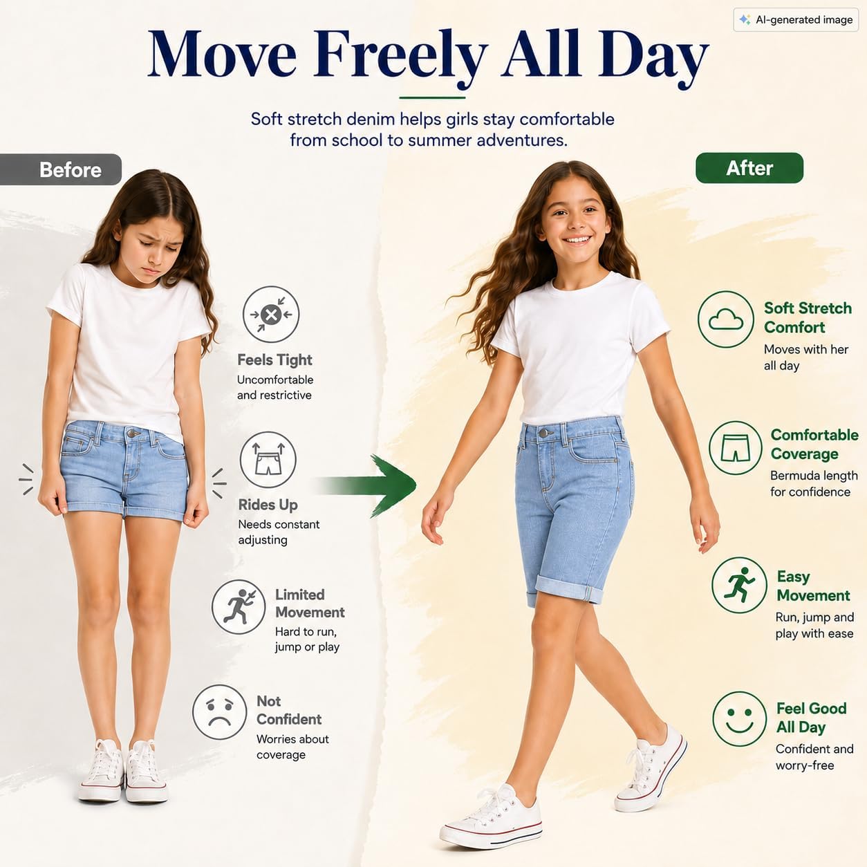 Bienzoe Girls Denim Jean Shorts: Kids High Waisted Cotton Stretch Summer Casual Rolled Bermuda