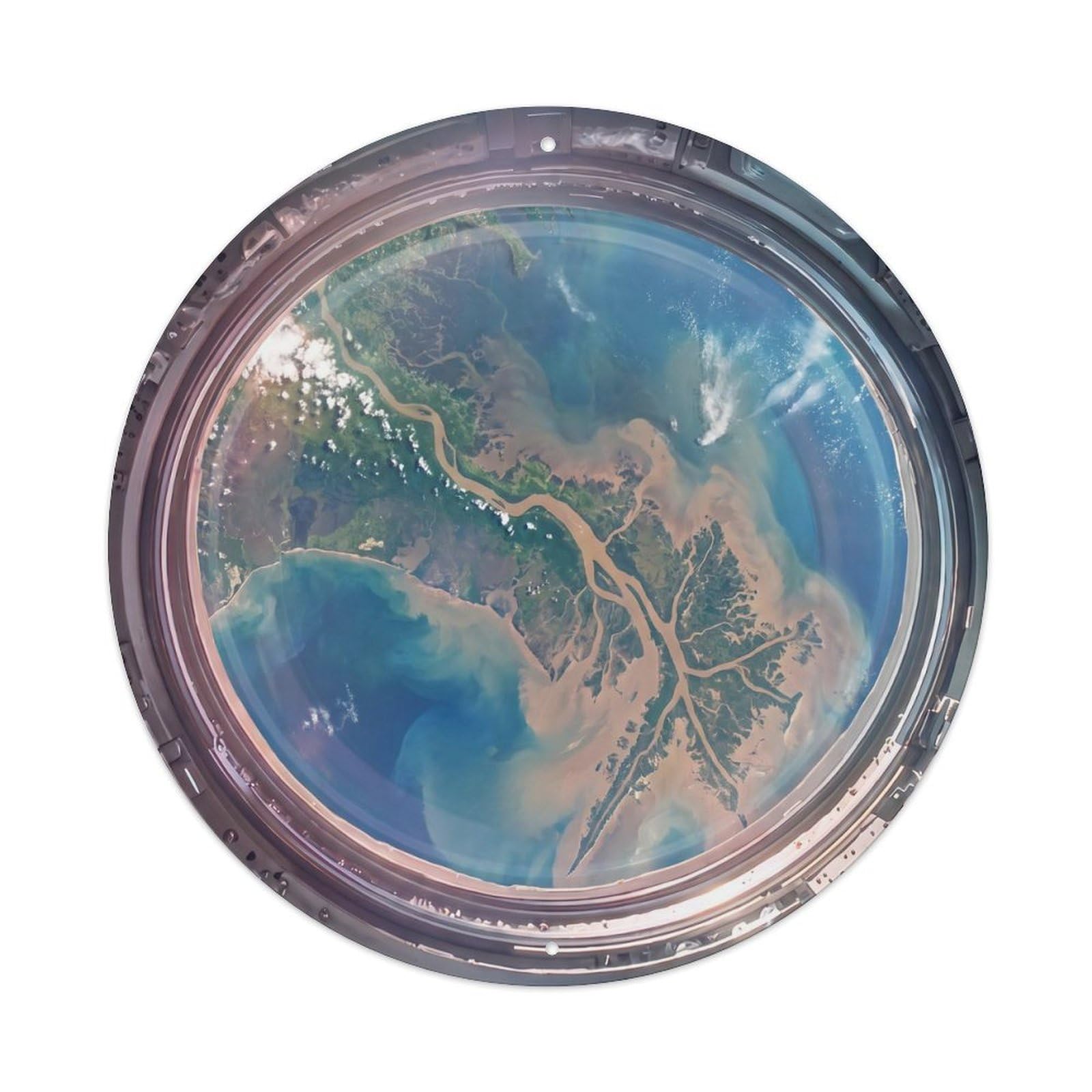 Metal Tin Sign River Delta Earth from Space Station Porthole