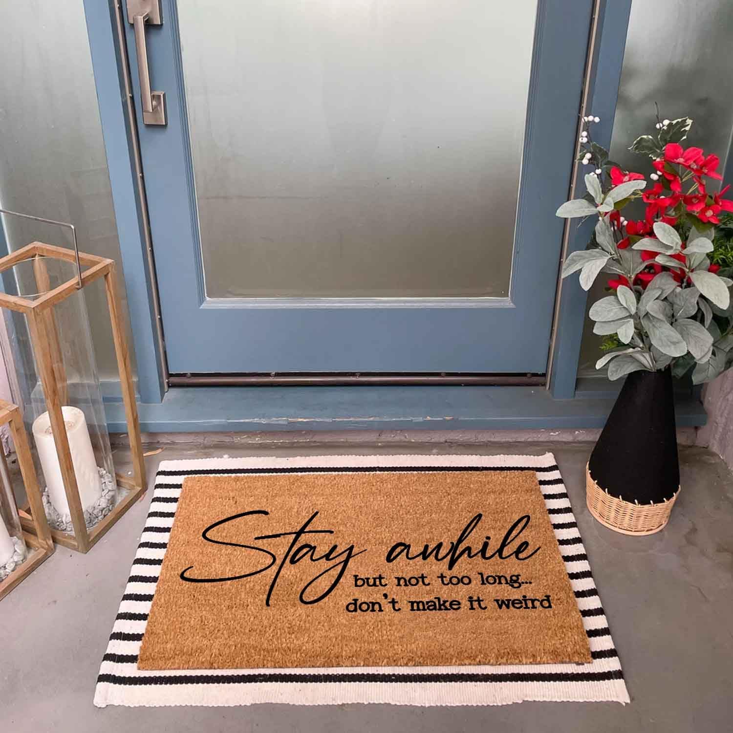 Funny Coir Doormat Stay awhile but not Too Long Don't Make it Weird Front Door Mat Entryway Mat Front Porch Decor Welcome Mats House Warming Gift Doormat Natural Coir Brown Mat 23.7 x 15.7 inch