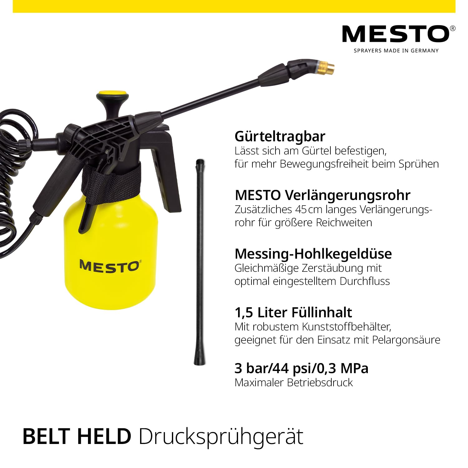 Mesto Belt Held Pulvérisateur 1,5L avec rallonge 45cm | Port à la Ceinture | Jardinage 3 Bar | Pulvérisateur à Pression pour Protection des Plantes et désherbage | Flacon Pompe Robuste
