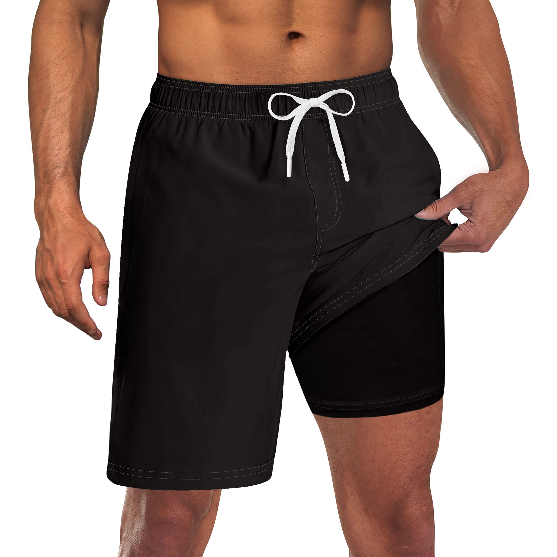 Men Swim Trunks with Compression Liner 9 Inch Long Board Shorts, Solid Black, Large-image-33