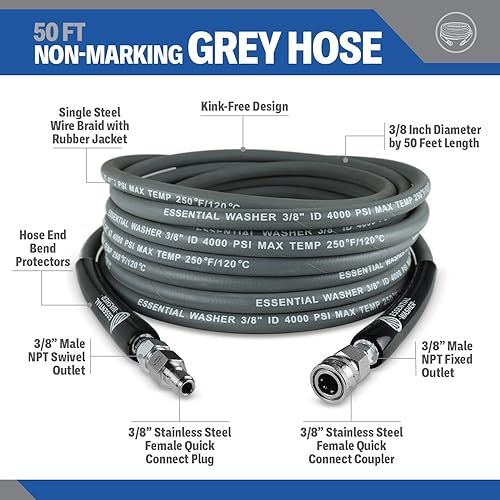 Miniatura 2 de ESSENTIAL WASHER Manguera de lavado a presión de 38 de 50 pies de 50 pies  Manguera de lavado eléctrico de 50 pies  Manguera flexible para lavadora