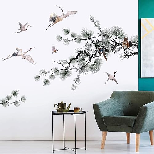 Miniatura 4 de Calcomanías creativas de pared de árbol de pino verde, ramas de árbol blanco, calcomanías de pared de grúa blanca, bricolaje, extraíble, estilo