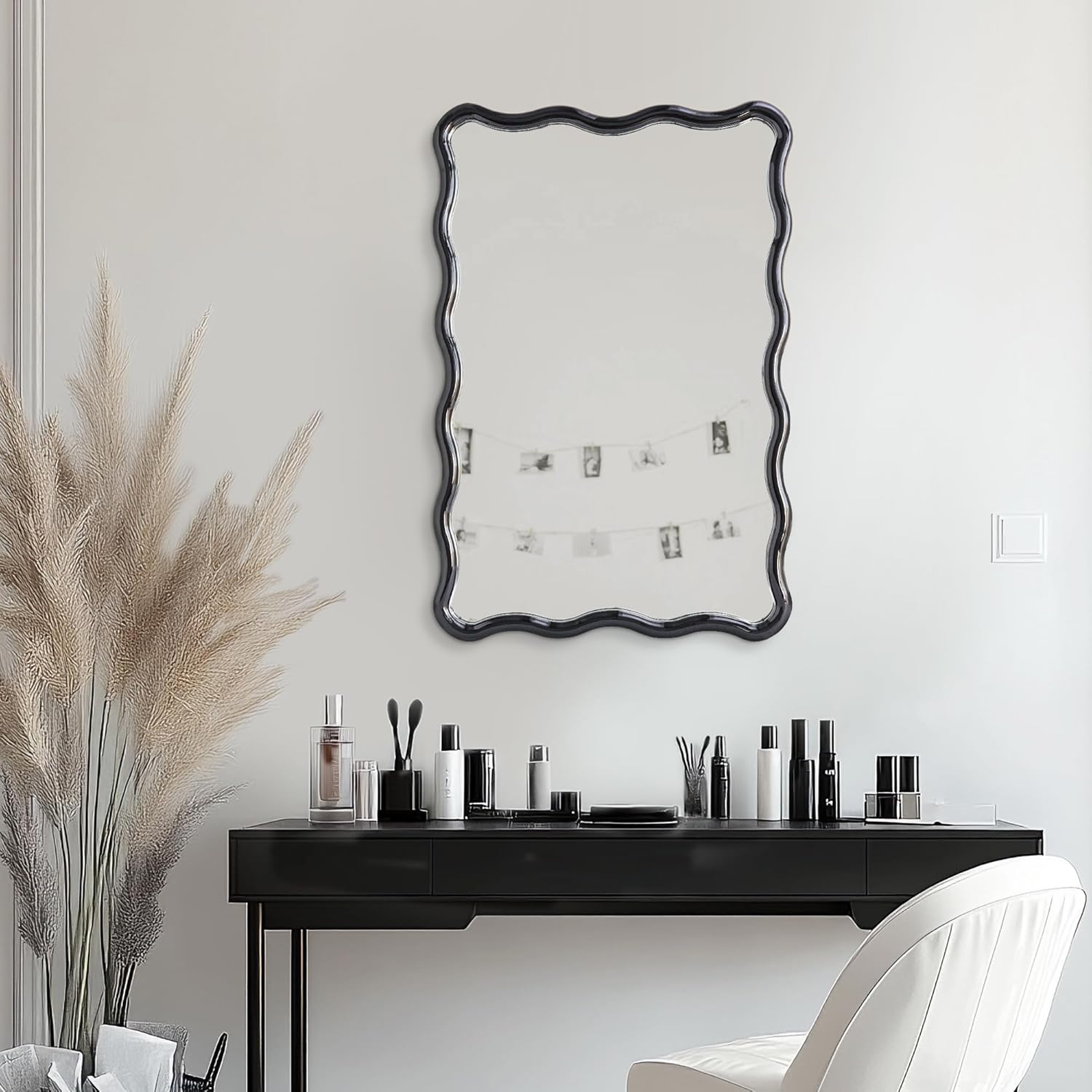 Wavy Bathroom Mirror Black Rectangle Scalloped 24x36 Mirror Modern Wood Farme Mirror Wall Decor for Bathroom Entryway Living Room Bedroom Hallway
