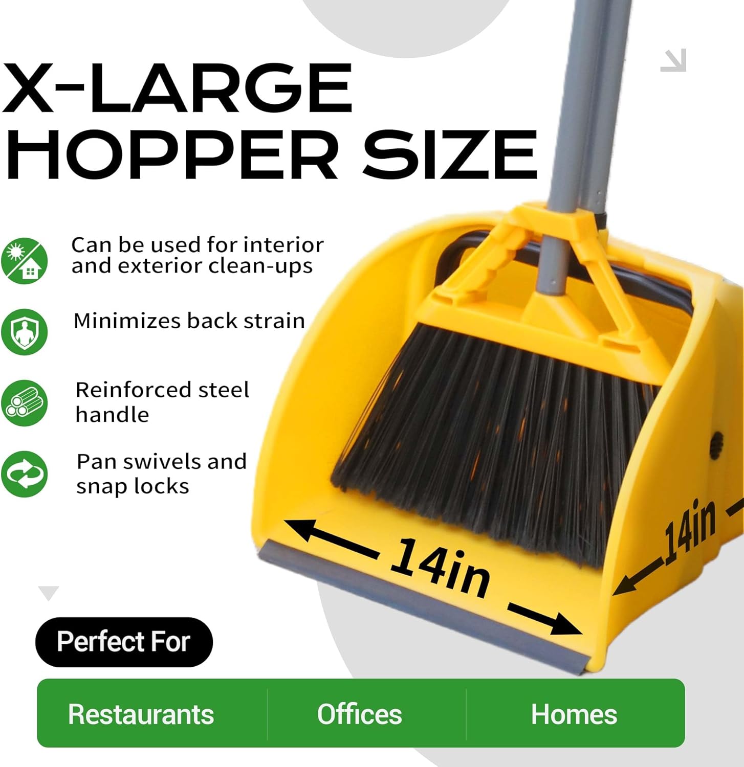Commercial Broom and Dustpan Set Debris Dustpan with Handle,Jumbo Debris Pan, Trash Collection for Industrial/Professional Cleaning,2Sets, Yellow,Extra Big Size