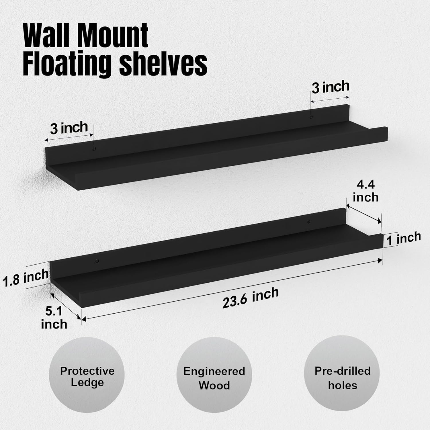 RICHER HOUSE Black Floating Shelves for Wall Set of 2, 60 CM Wood Floating Shelves Modern for Photo Ledge Display Wall Decor - Image 3